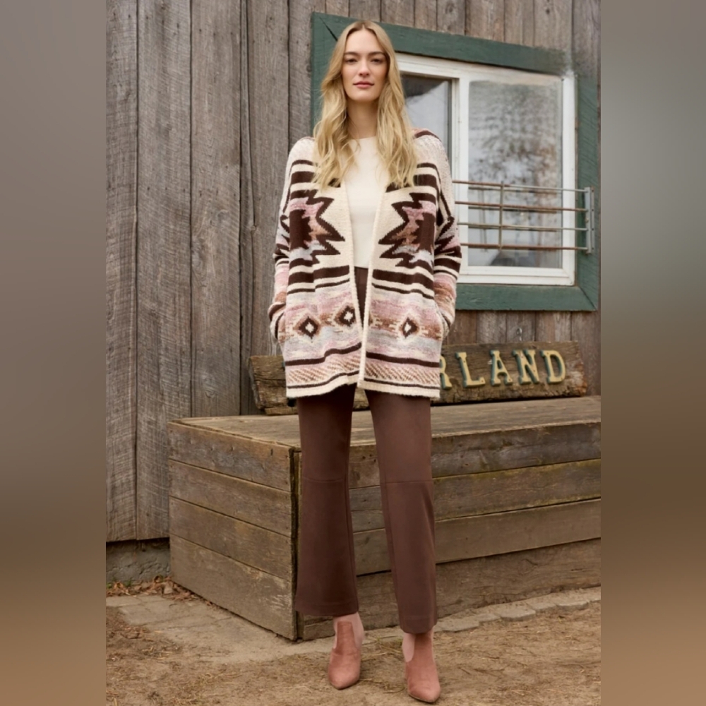 NWT CHARLIE B Western  Aztec Patterned Open Knit Cardigan Cream, Brown , Pink M
